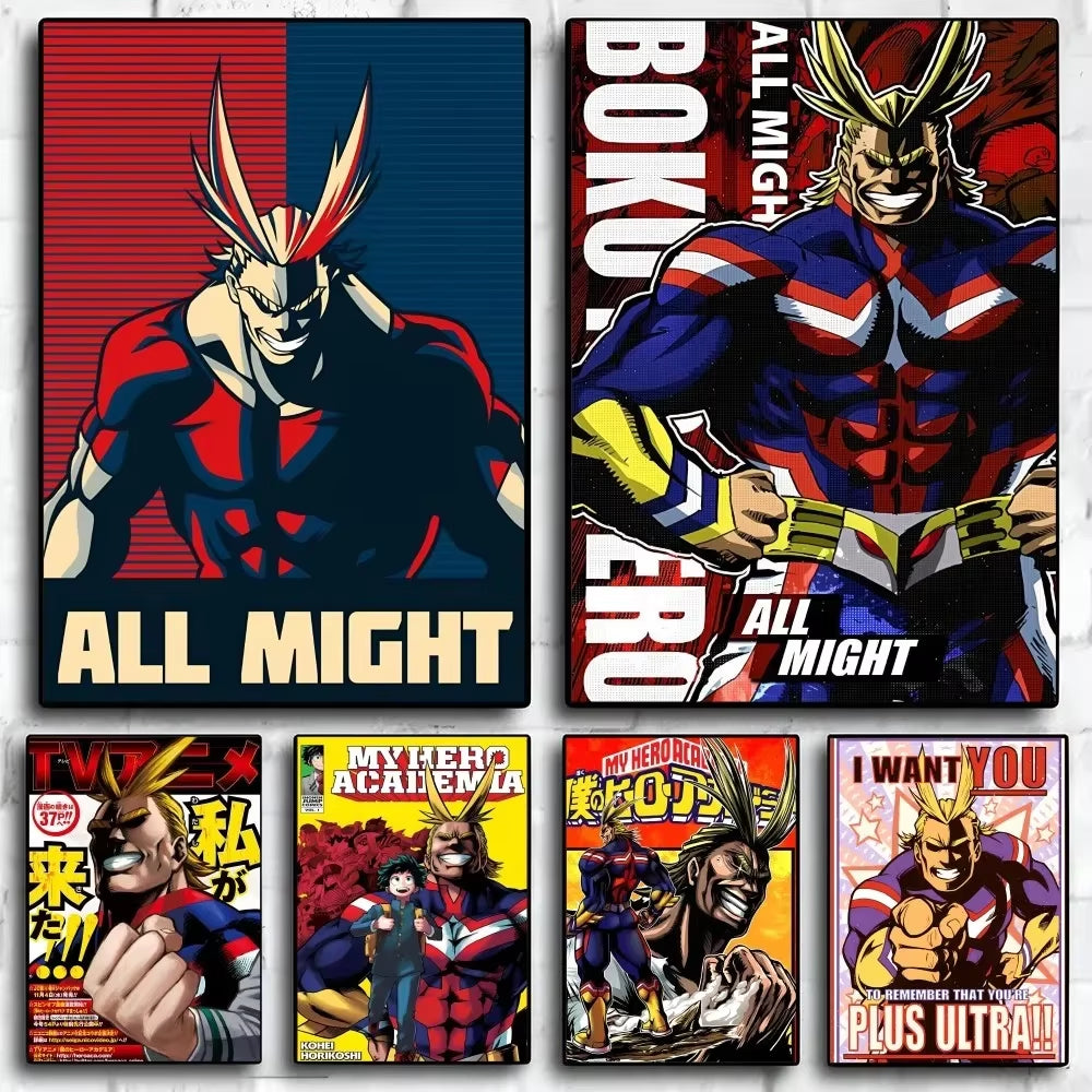 All Might Anime Poster Selfadhesive Waterproof Wall Art for Coffee House Bar Room Decor Home Decor Sticker Paper