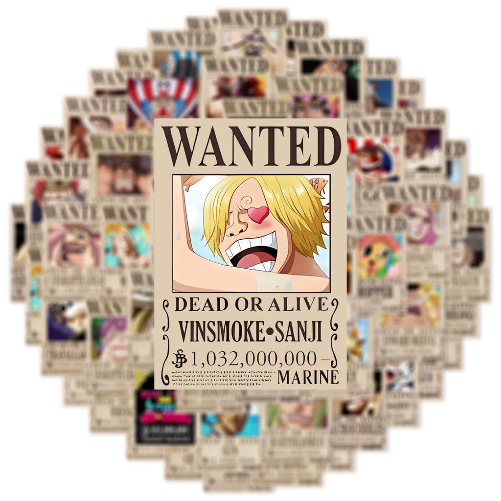 10/30/50PCS Anime One Piece Wanted Posters Stickers Cool Decal Decoration DIY Phone Suitcase Laptop Fridge Wall Graffiti Sticker