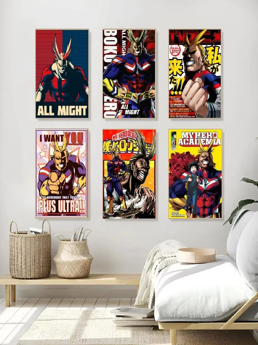 All Might Anime Poster Selfadhesive Waterproof Wall Art for Coffee House Bar Room Decor Home Decor Sticker Paper